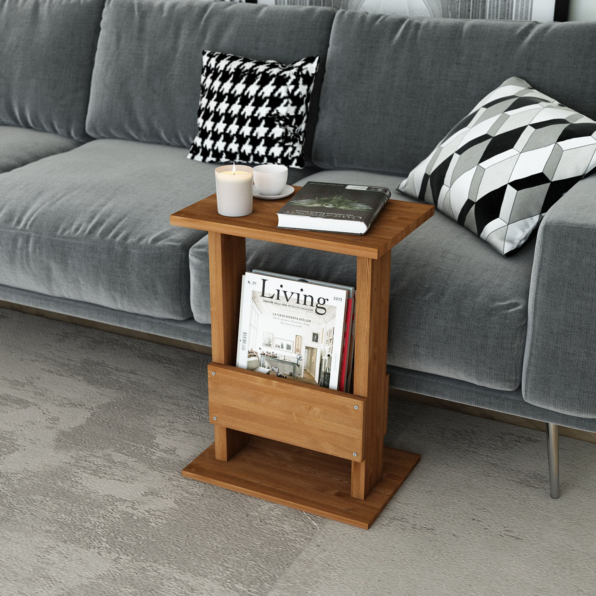 C Yan Sehpa Ahşap Tik Renk