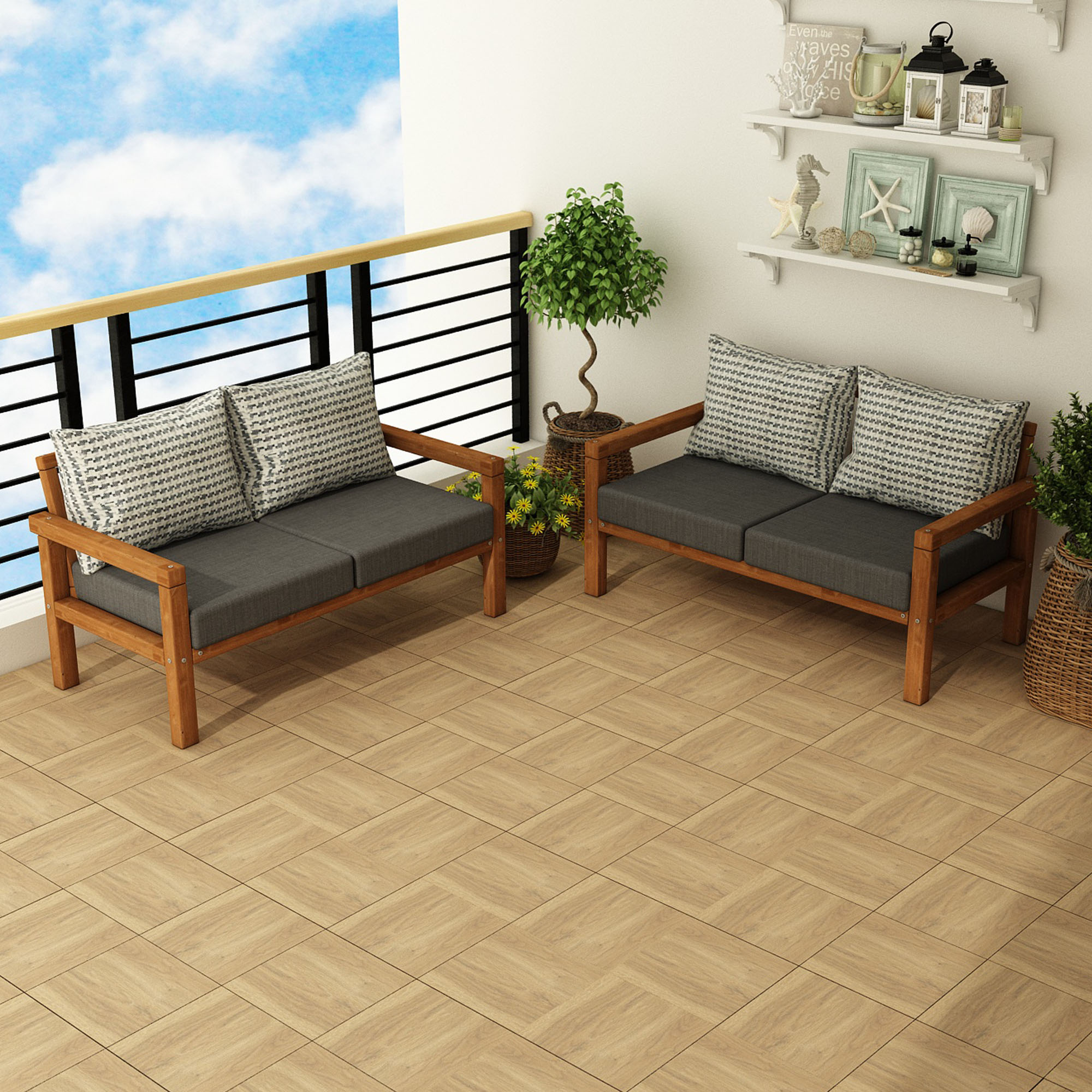 MODERN RAHAT VE ERGONOMİK BAHÇE BALKON VE TERAS İÇİN 2+2,Lİ TEAK RENK AHŞAP KANEPE - Görsel 3