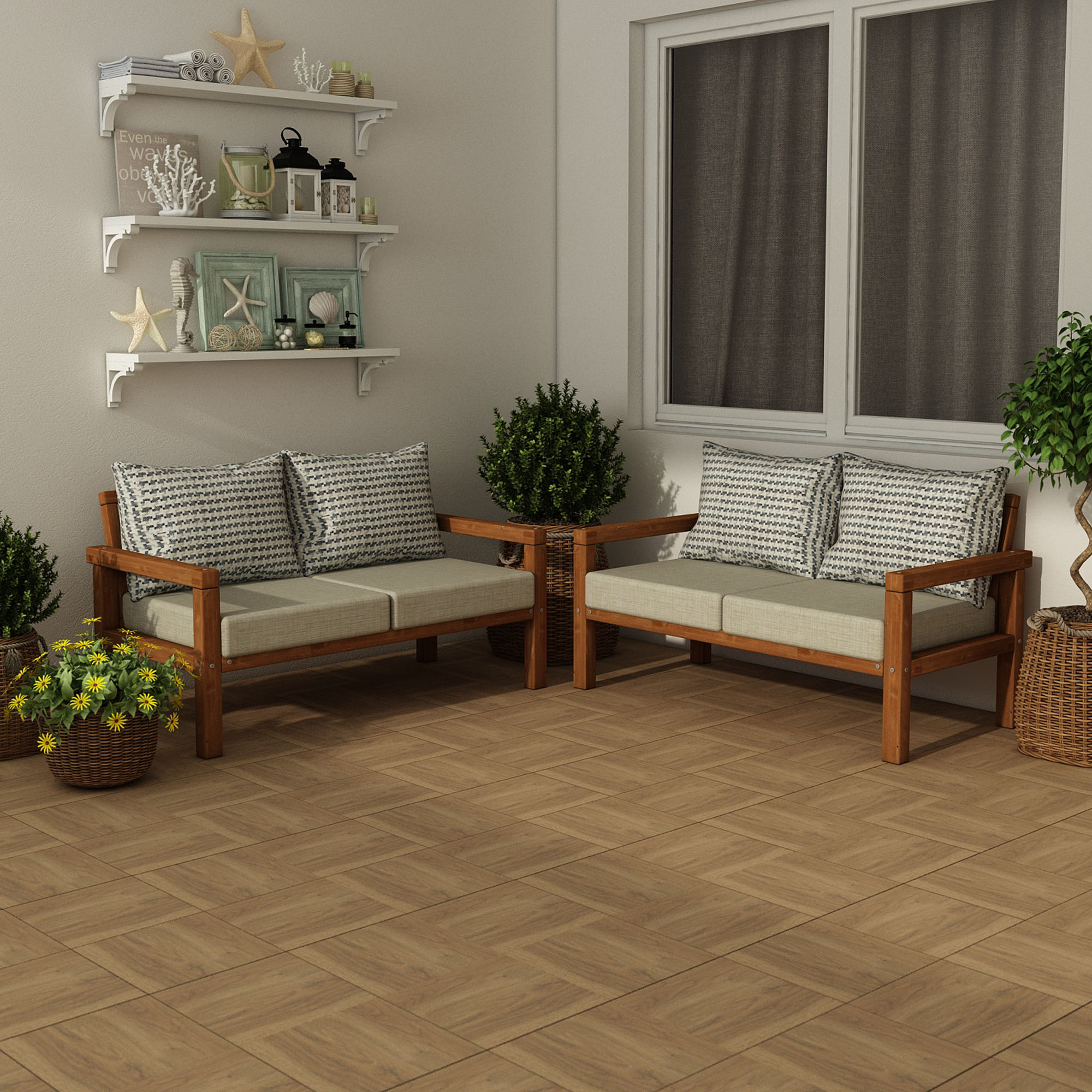 MODERN RAHAT VE ERGONOMİK BAHÇE BALKON VE TERAS İÇİN 2+2,Lİ TEAK RENK AHŞAP KANEPE