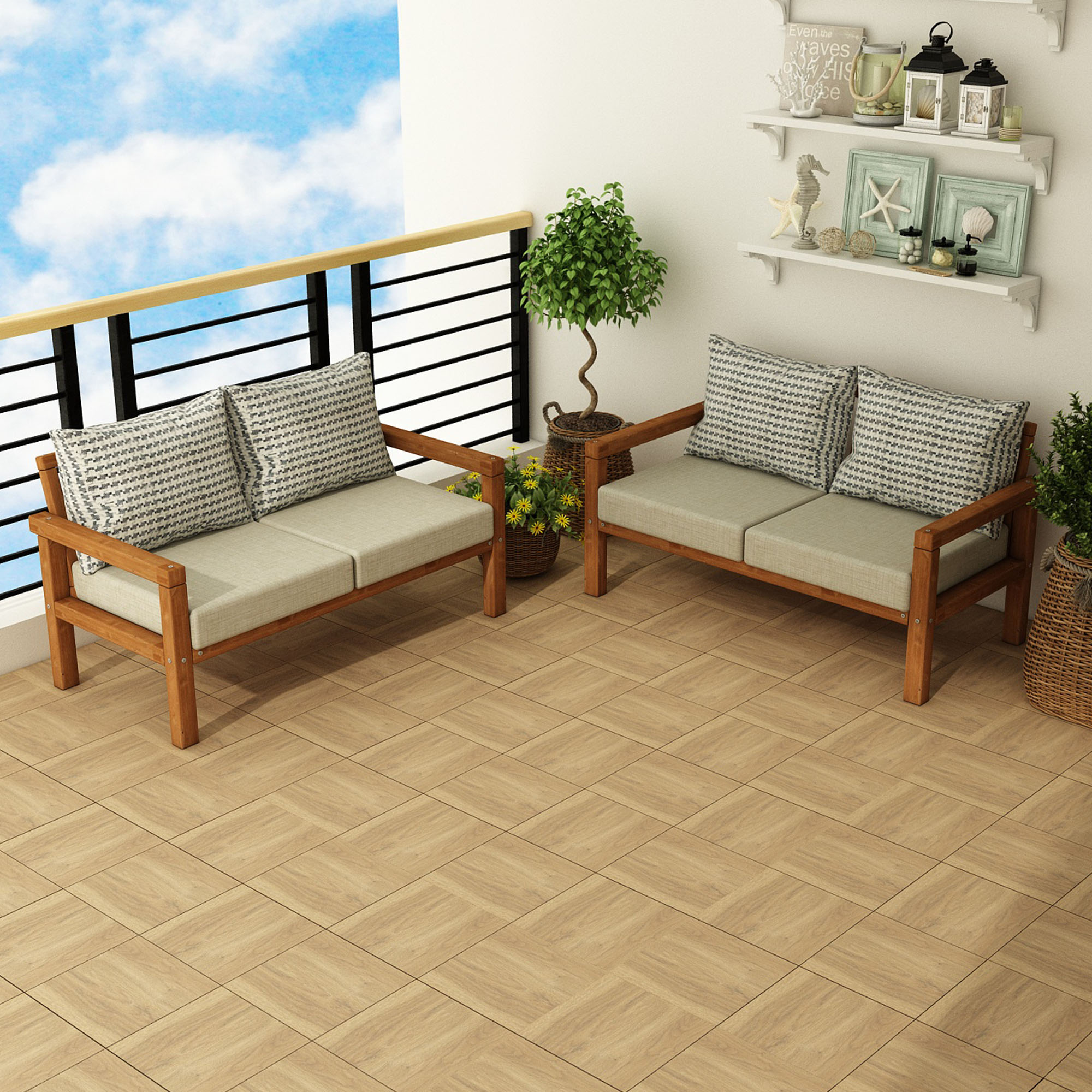 MODERN RAHAT VE ERGONOMİK BAHÇE BALKON VE TERAS İÇİN 2+2,Lİ TEAK RENK AHŞAP KANEPE - Görsel 3