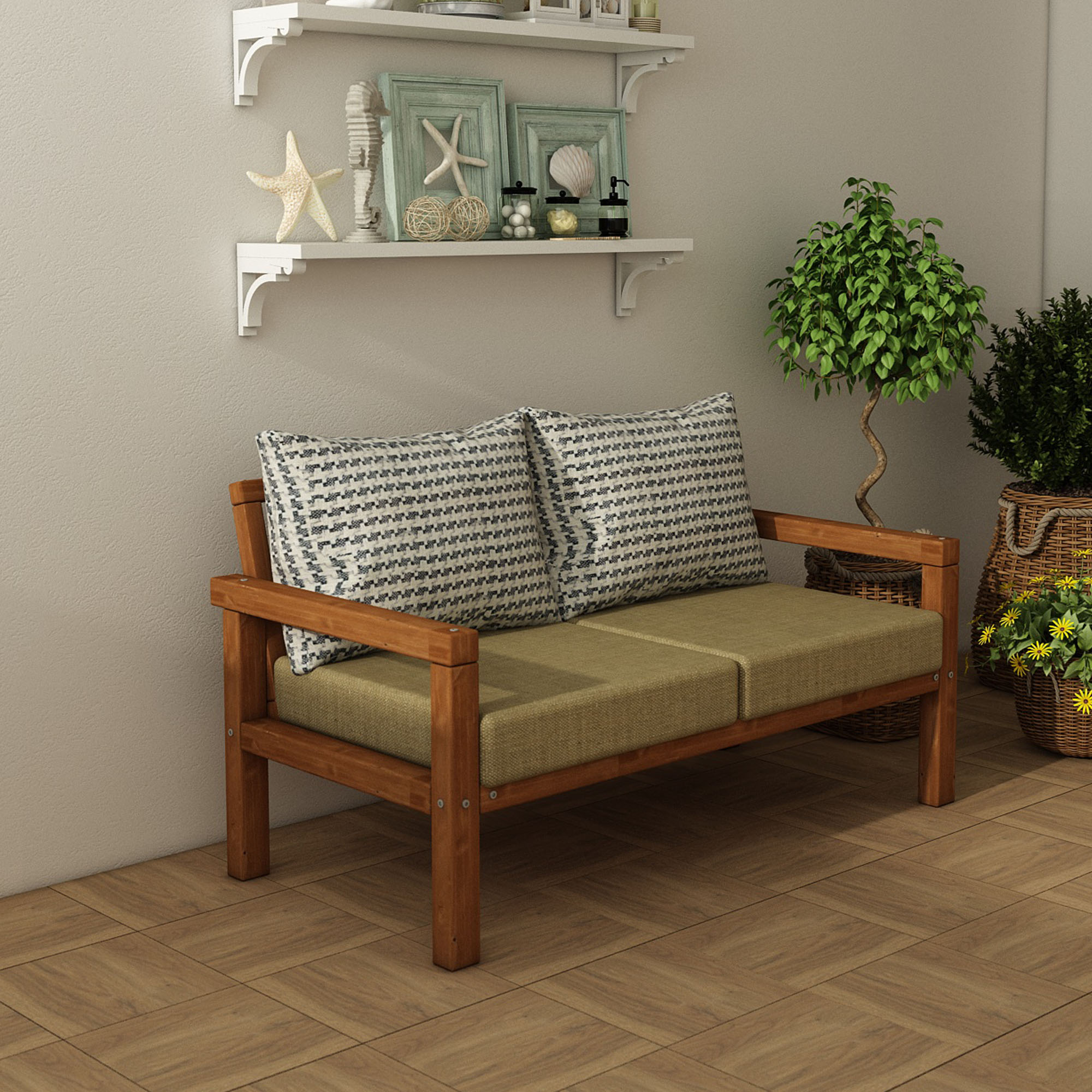 MODERN RAHAT VE ERGONOMİK BAHÇE BALKON VE TERAS İÇİN 2,Lİ TEAK RENK AHŞAP KANEPE