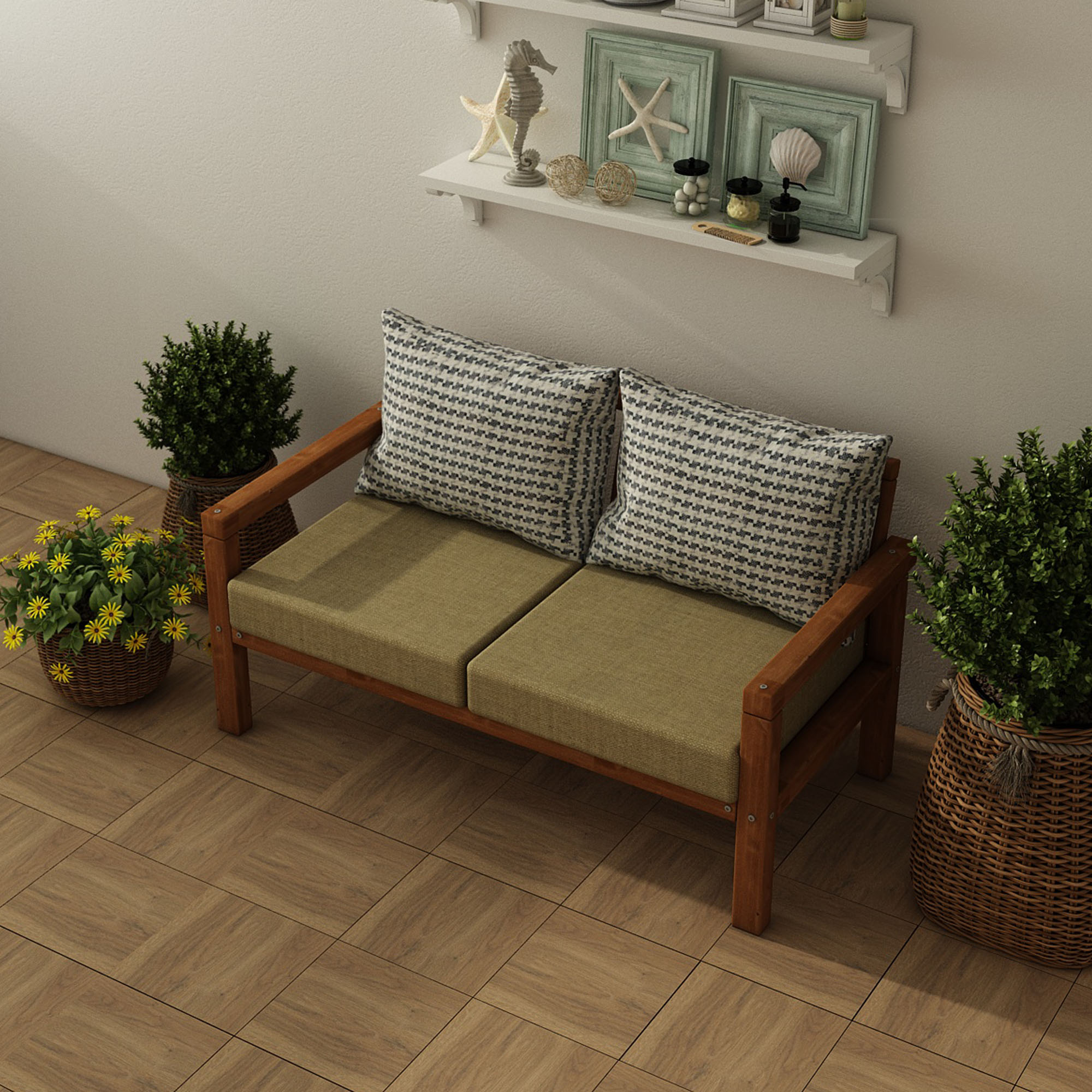 MODERN RAHAT VE ERGONOMİK BAHÇE BALKON VE TERAS İÇİN 2,Lİ TEAK RENK AHŞAP KANEPE - Görsel 3