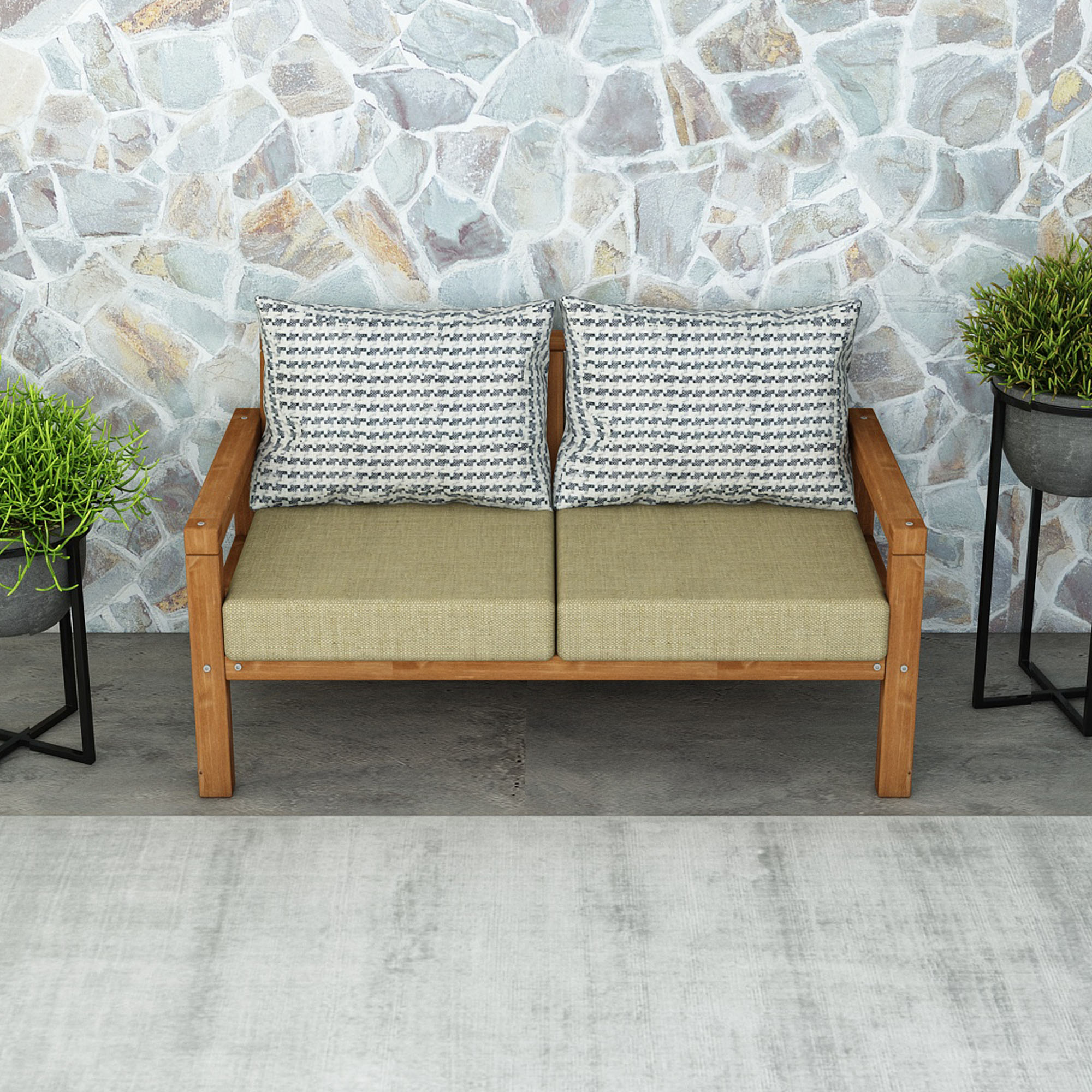 MODERN RAHAT VE ERGONOMİK BAHÇE BALKON VE TERAS İÇİN 2,Lİ TEAK RENK AHŞAP KANEPE - Görsel 4