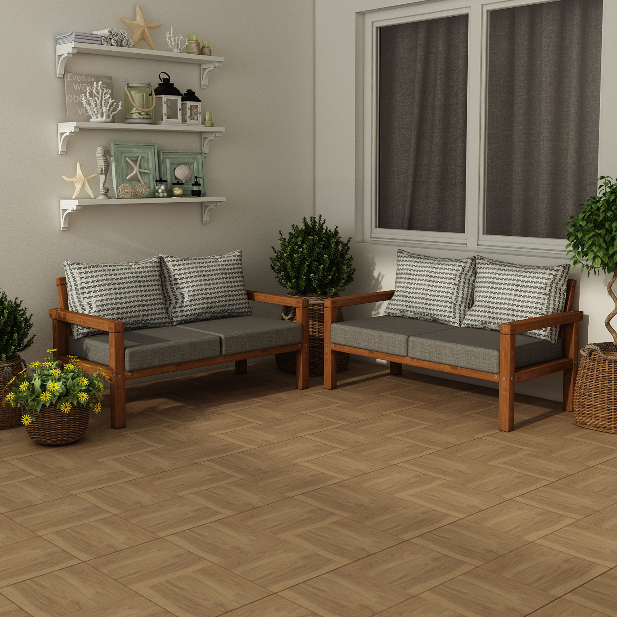 MODERN RAHAT VE ERGONOMİK BAHÇE BALKON VE TERAS İÇİN 2+2,Lİ TEAK RENK AHŞAP KANEPE