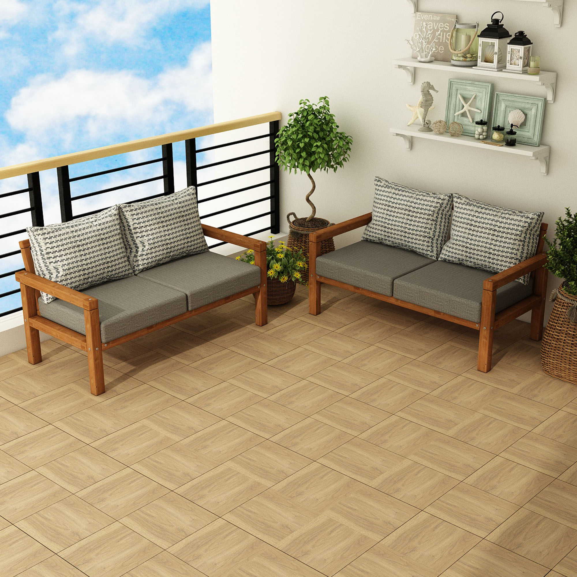 MODERN RAHAT VE ERGONOMİK BAHÇE BALKON VE TERAS İÇİN 2+2,Lİ TEAK RENK AHŞAP KANEPE - Görsel 3