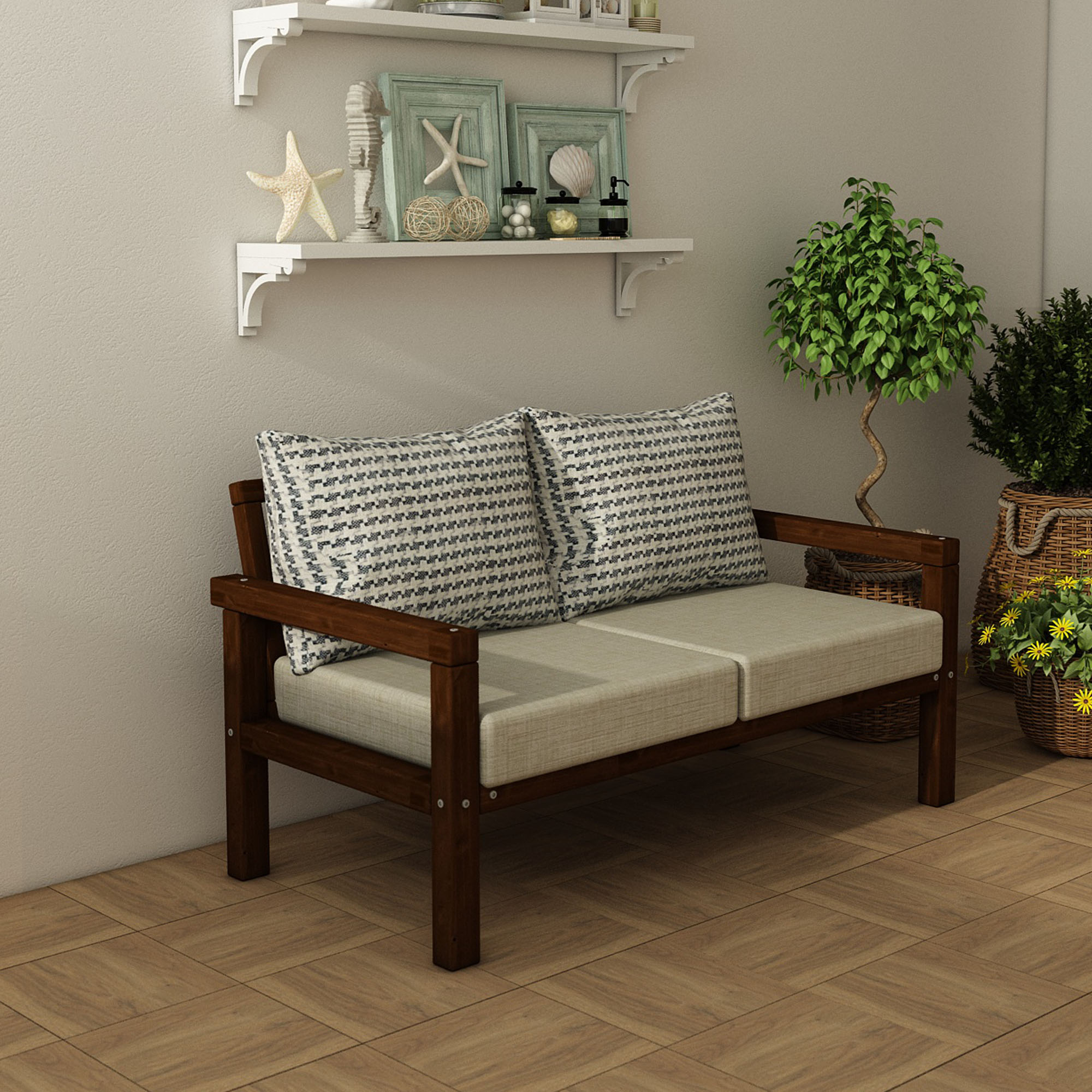 MODERN RAHAT VE ERGONOMİK BAHÇE BALKON VE TERAS İÇİN 2,Lİ CEVİZ RENK AHŞAP KANEPE