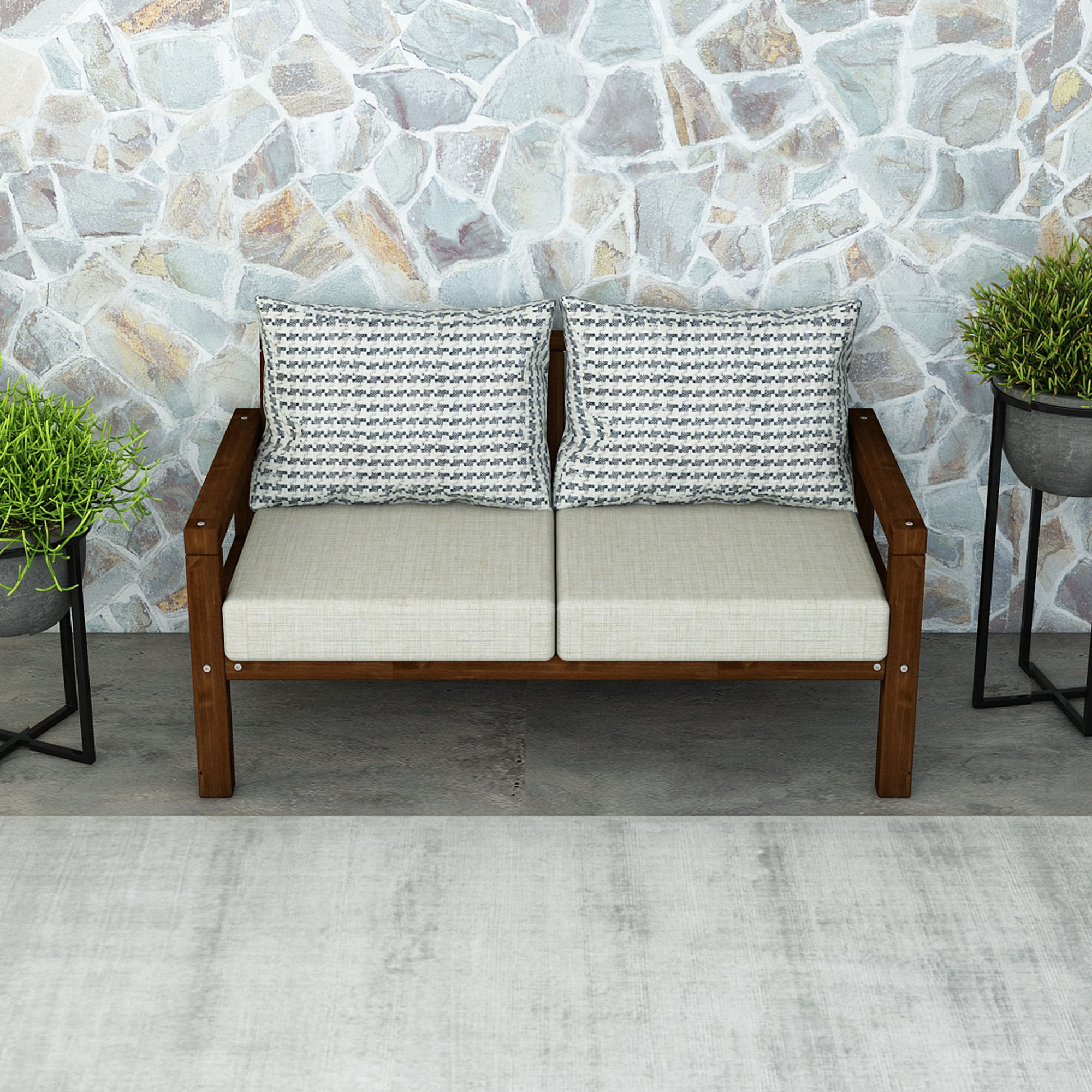 MODERN RAHAT VE ERGONOMİK BAHÇE BALKON VE TERAS İÇİN 2,Lİ CEVİZ RENK AHŞAP KANEPE - Görsel 4