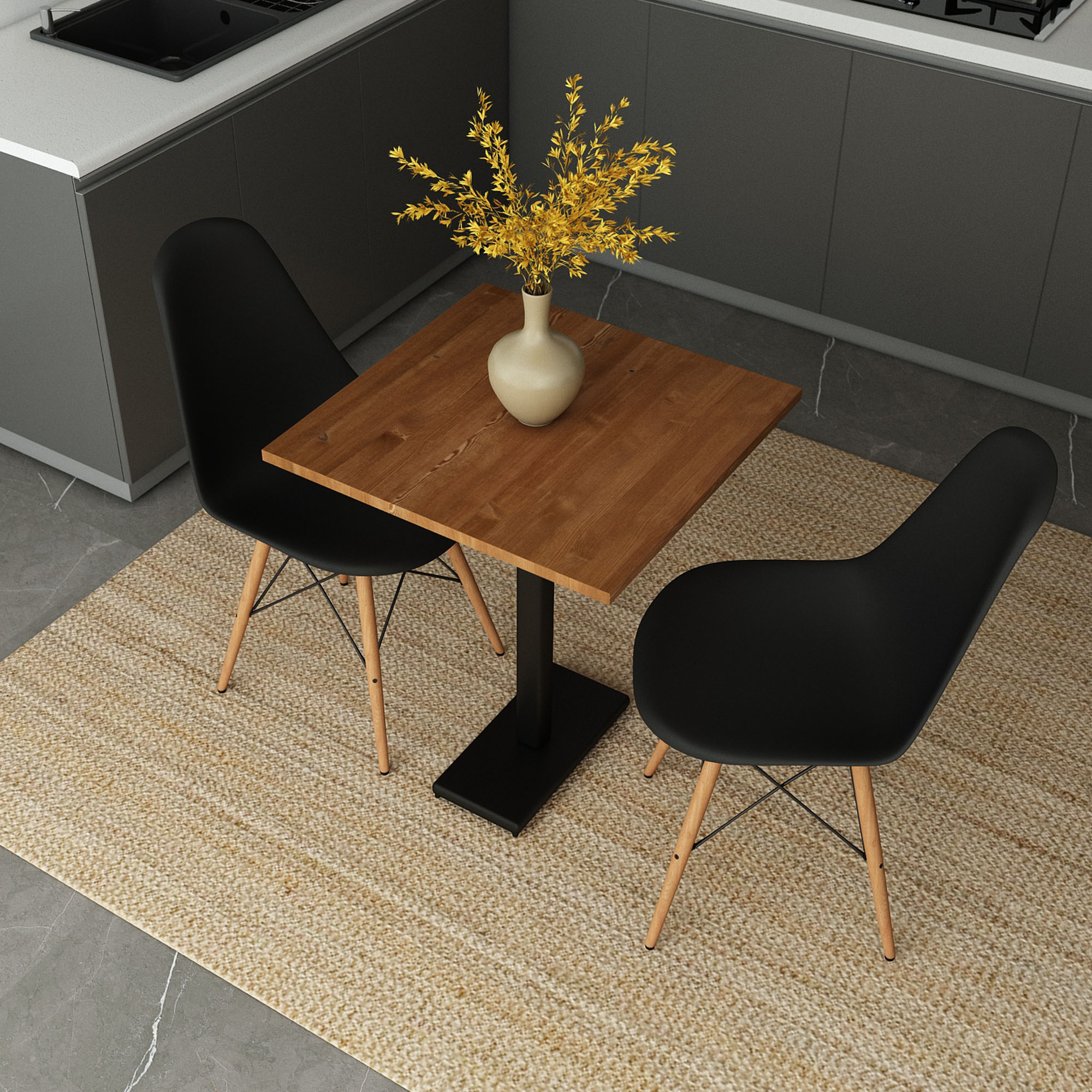 Masif Ağaç Teak Renk Mutfak Ve Balkon İçin Döküm Ayaklı 60×60 2 Sandalyeli Masa Takımı