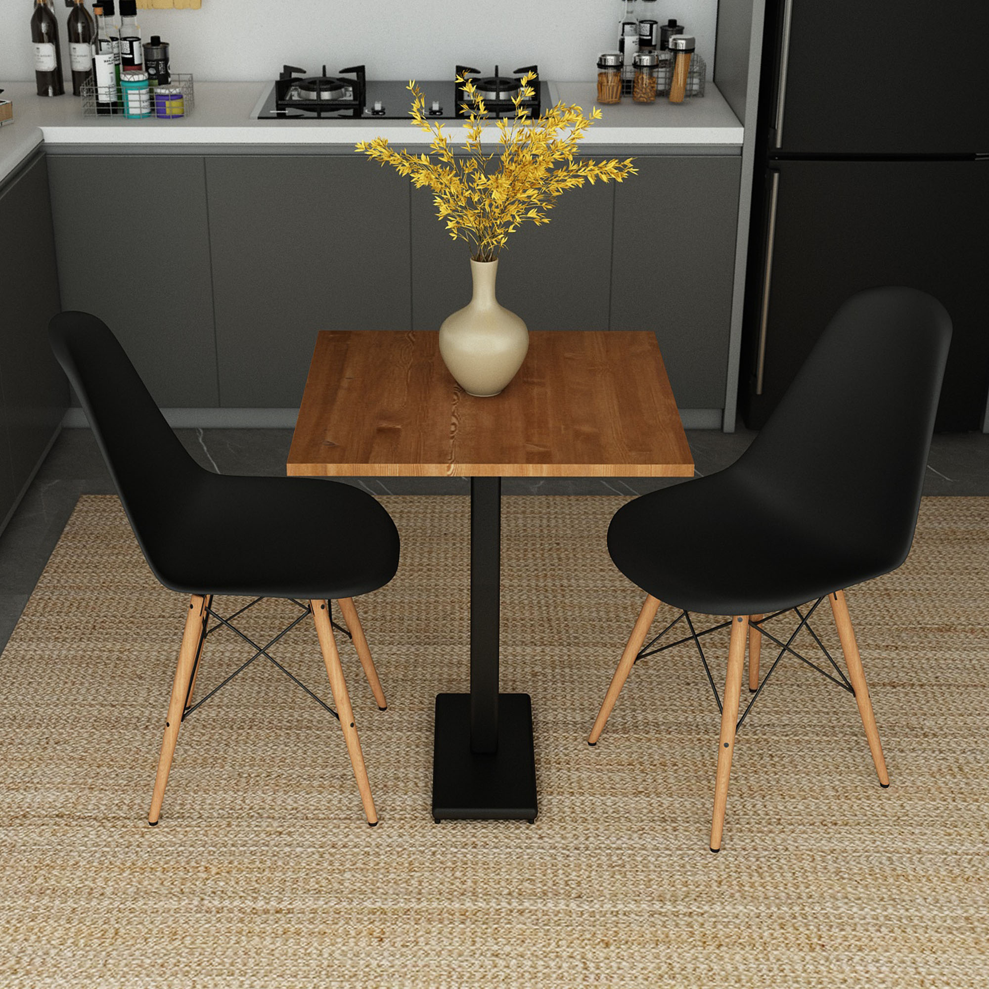 Masif Ağaç Teak Renk Mutfak Ve Balkon İçin Döküm Ayaklı 60×60 2 Sandalyeli Masa Takımı - Görsel 2