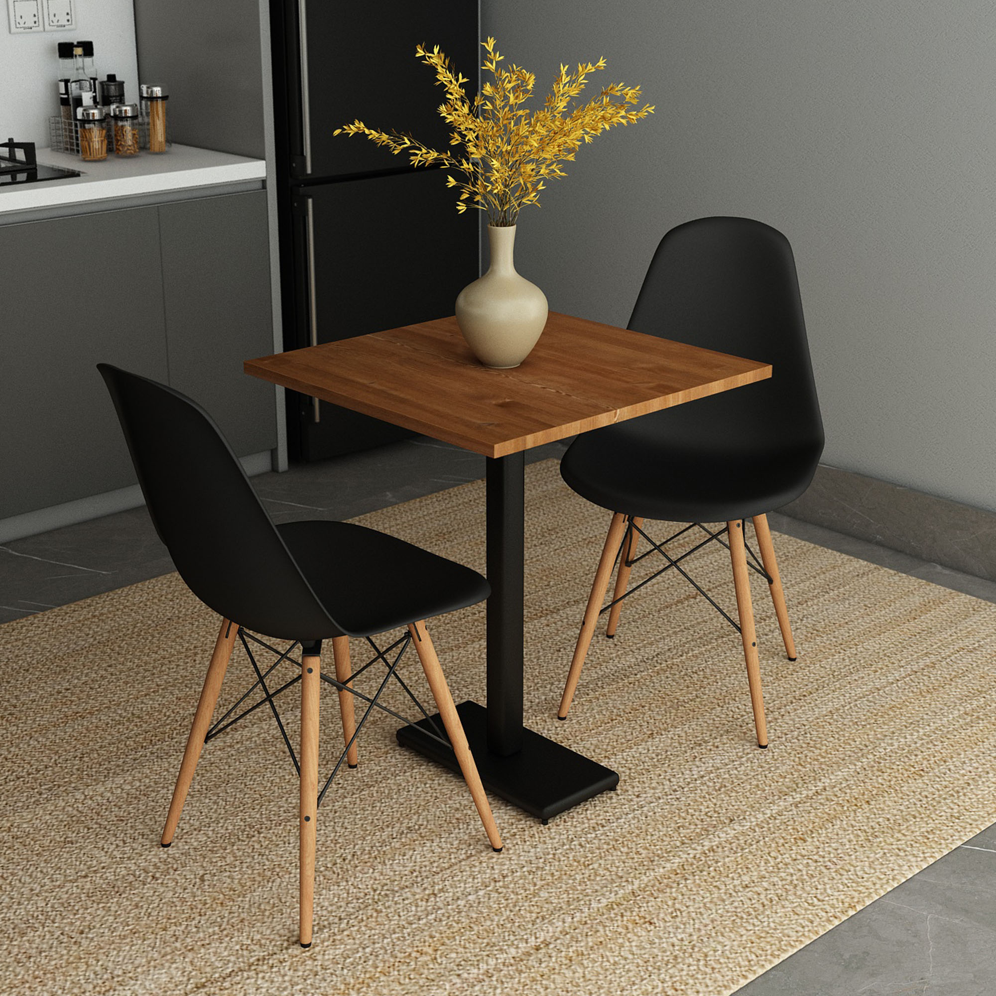 Masif Ağaç Teak Renk Mutfak Ve Balkon İçin Döküm Ayaklı 60×60 2 Sandalyeli Masa Takımı - Görsel 3