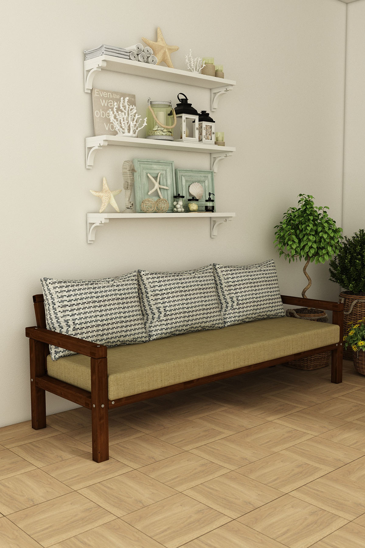 MODERN RAHAT VE ERGONOMİK BAHÇE BALKON VE TERAS İÇİN 3,LÜ CEVİZ RENK AHŞAP KANEPE