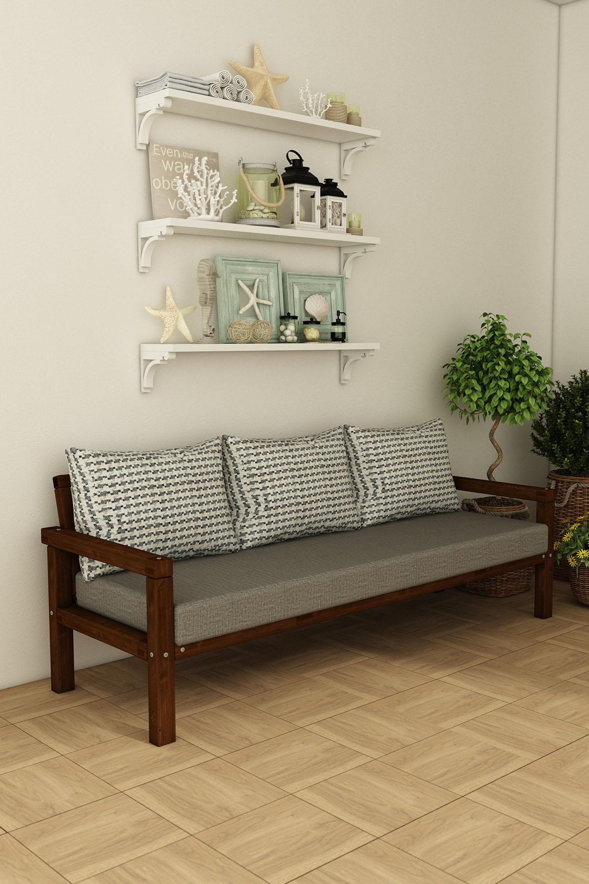 MODERN RAHAT VE ERGONOMİK BAHÇE BALKON VE TERAS İÇİN 3,LÜ CEVİZ RENK AHŞAP KANEPE