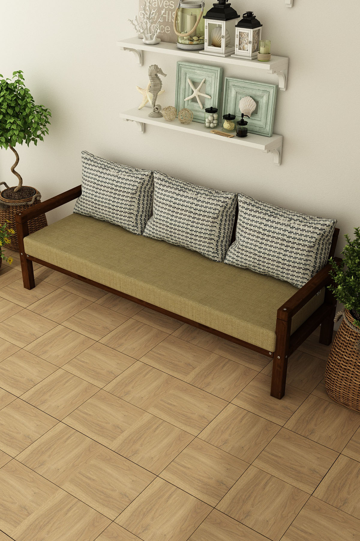 MODERN RAHAT VE ERGONOMİK BAHÇE BALKON VE TERAS İÇİN 3,LÜ CEVİZ RENK AHŞAP KANEPE - Görsel 2