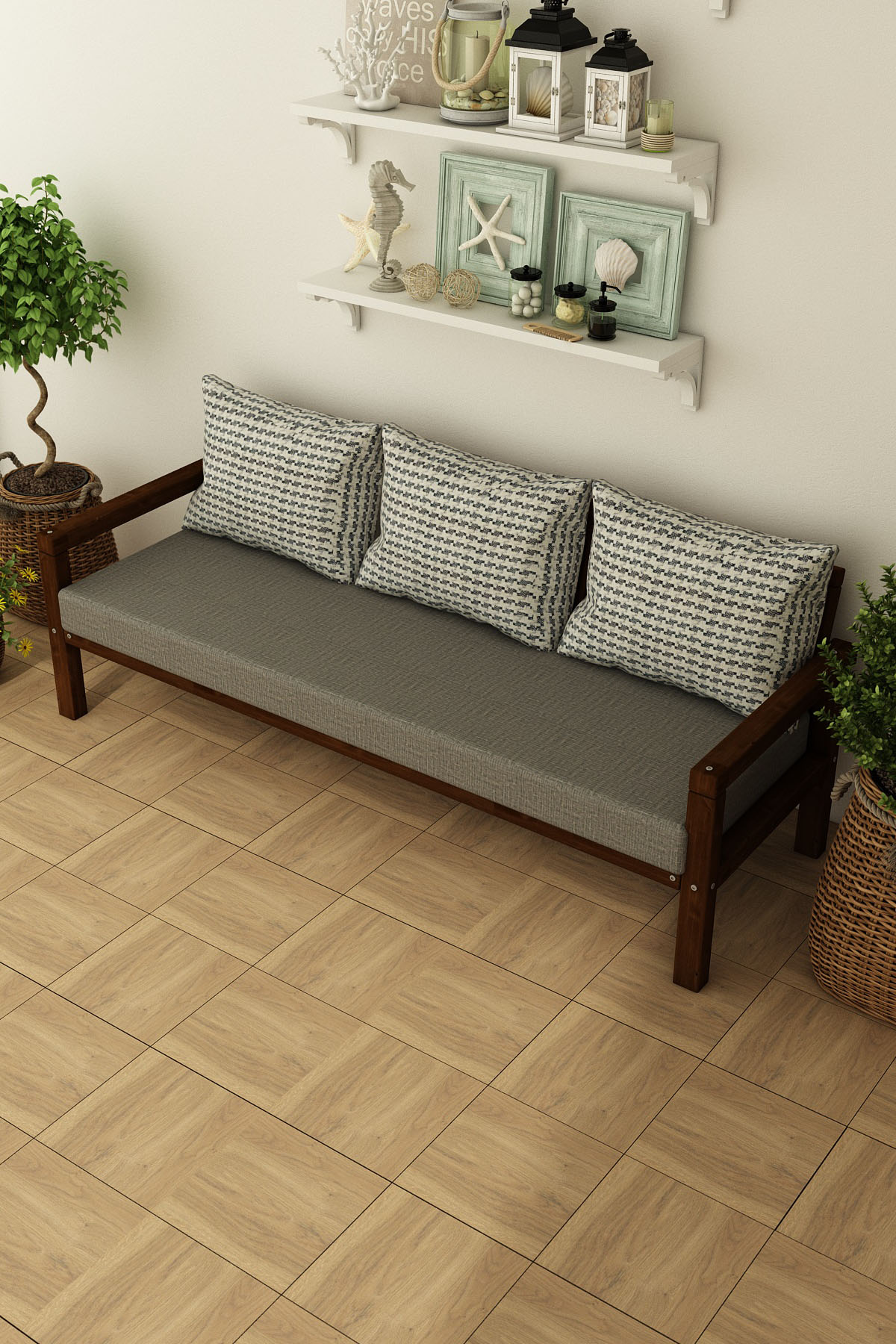 MODERN RAHAT VE ERGONOMİK BAHÇE BALKON VE TERAS İÇİN 3,LÜ CEVİZ RENK AHŞAP KANEPE - Görsel 2