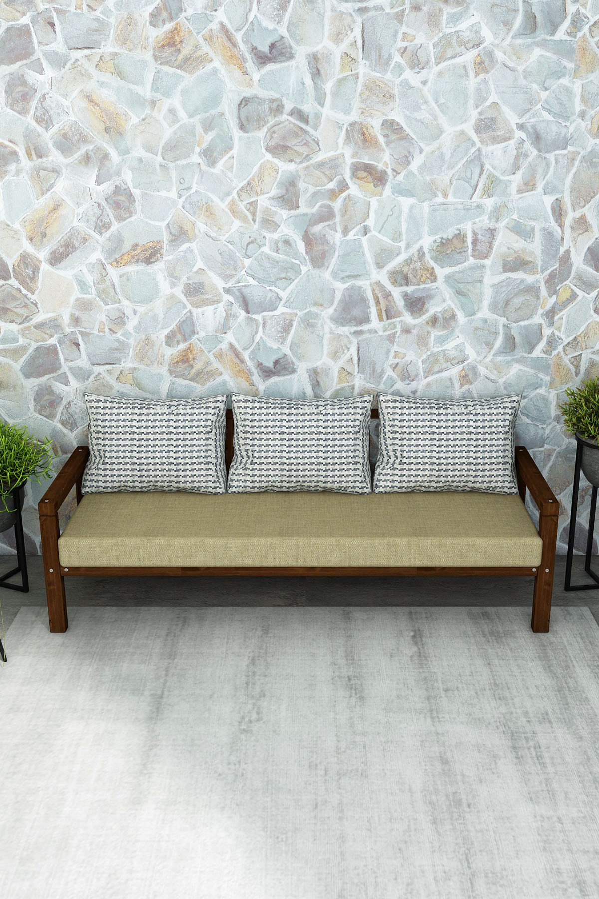 MODERN RAHAT VE ERGONOMİK BAHÇE BALKON VE TERAS İÇİN 3,LÜ CEVİZ RENK AHŞAP KANEPE - Görsel 3