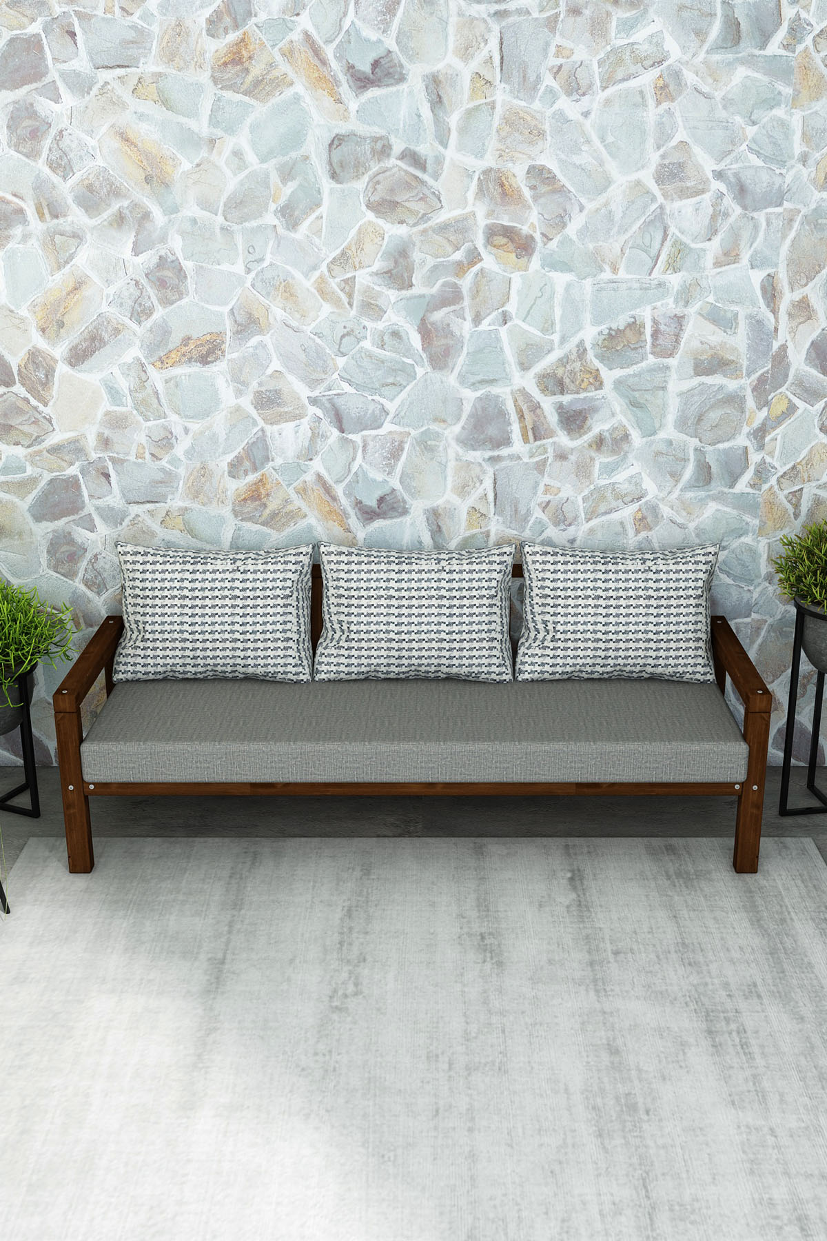 MODERN RAHAT VE ERGONOMİK BAHÇE BALKON VE TERAS İÇİN 3,LÜ CEVİZ RENK AHŞAP KANEPE - Görsel 3