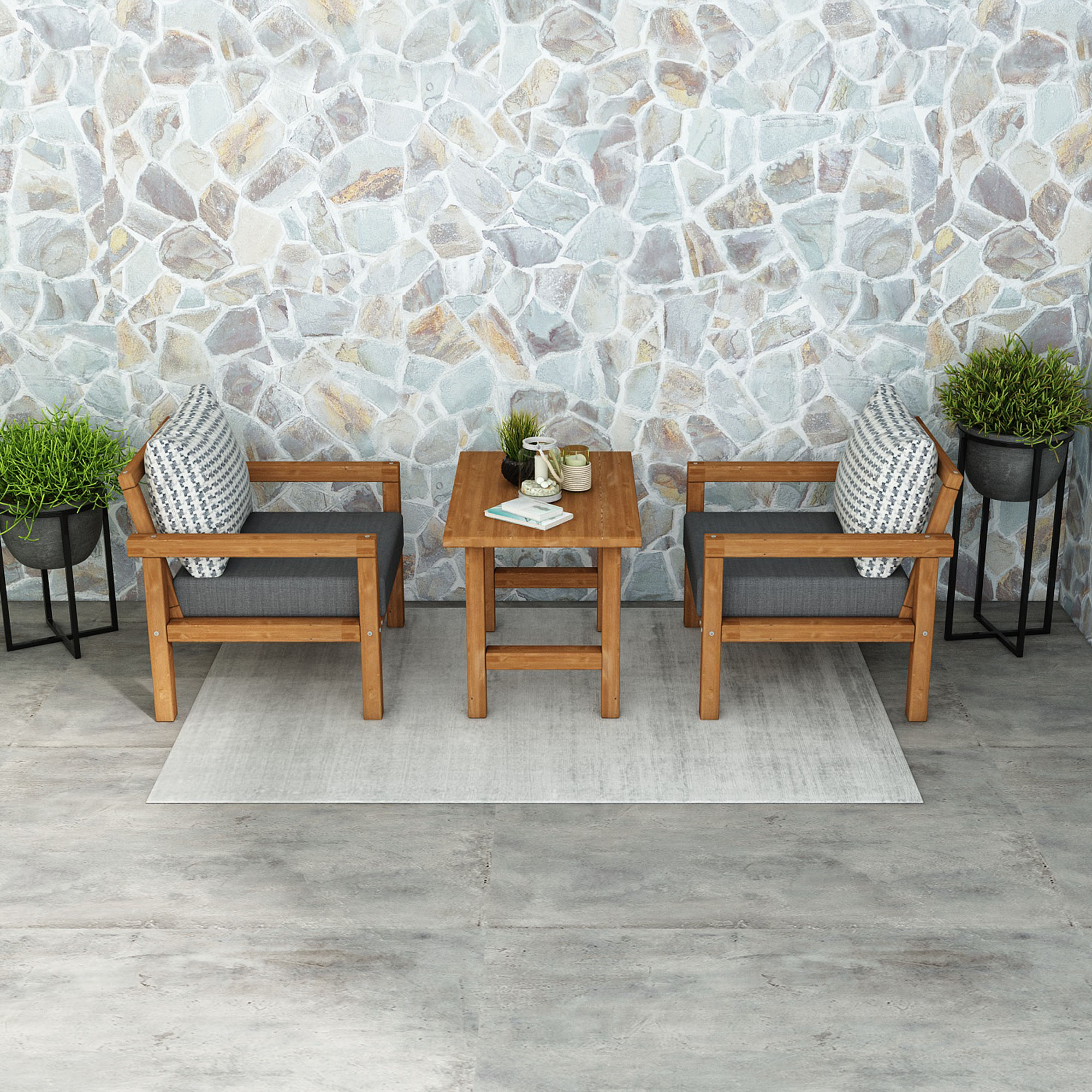 Ahşap Bahçe Balkon Takımı 1+1+Sehpa Teak Antrasit Renk