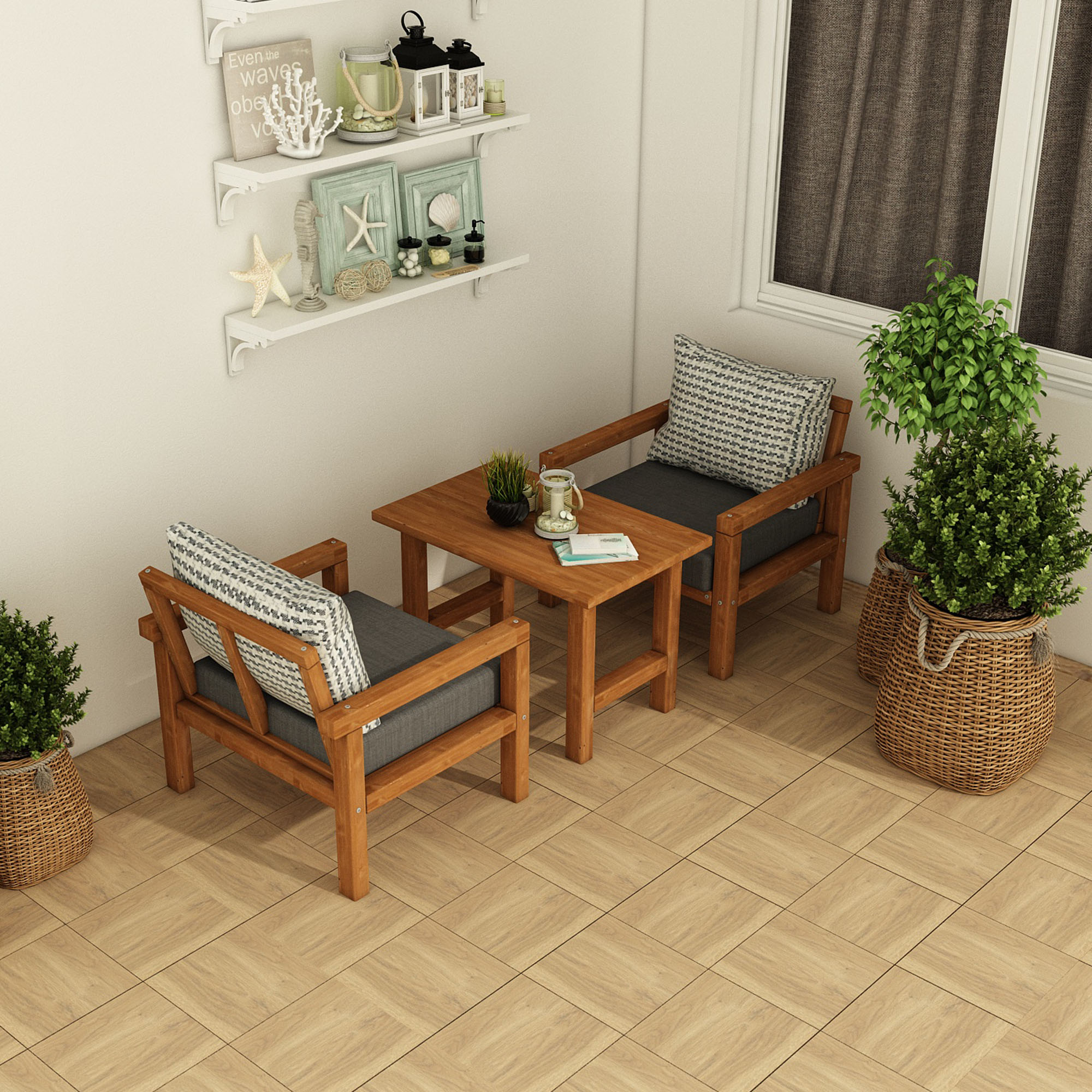 Ahşap Bahçe Balkon Takımı 1+1+Sehpa Teak Antrasit Renk - Görsel 2