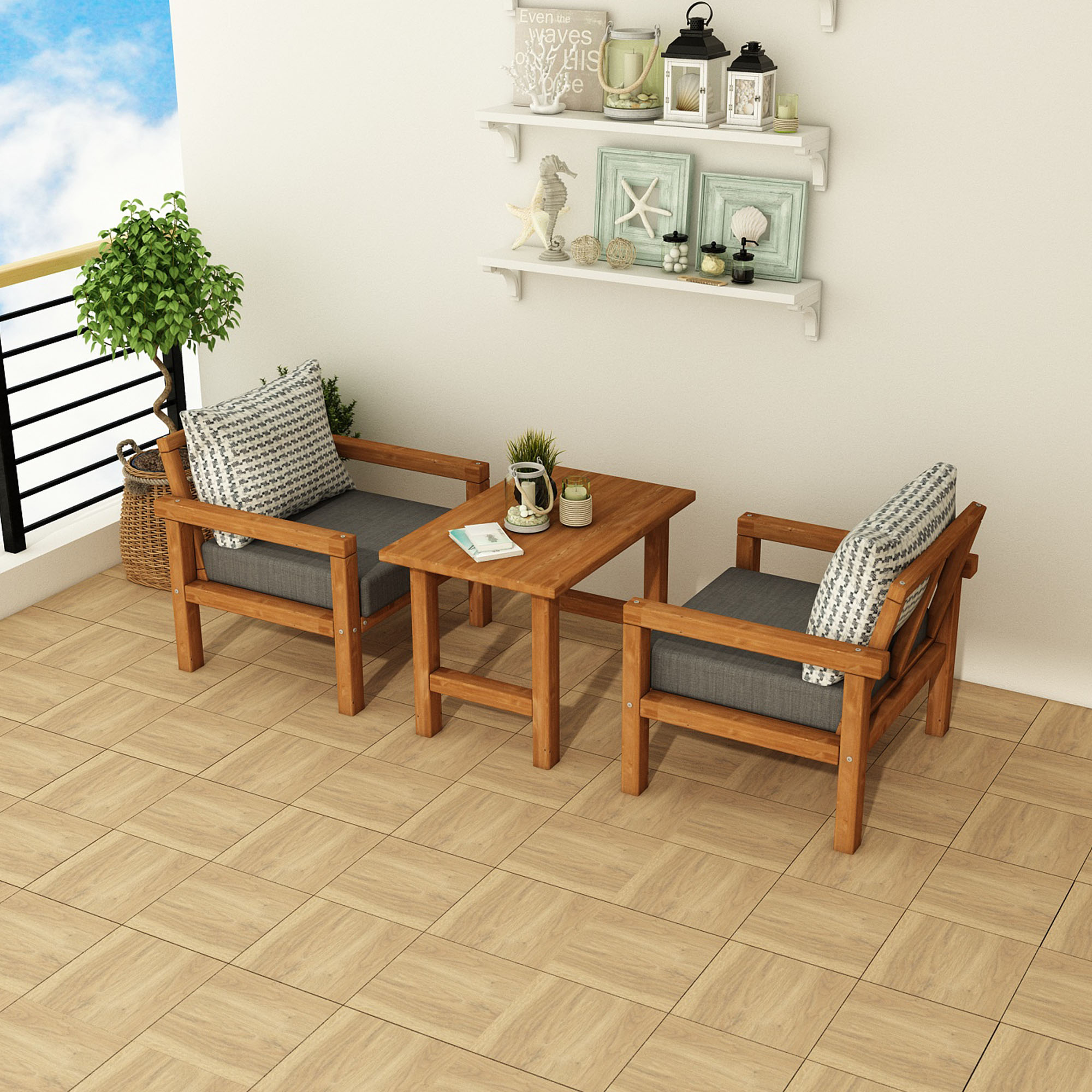 Ahşap Bahçe Balkon Takımı 1+1+Sehpa Teak Antrasit Renk - Görsel 3