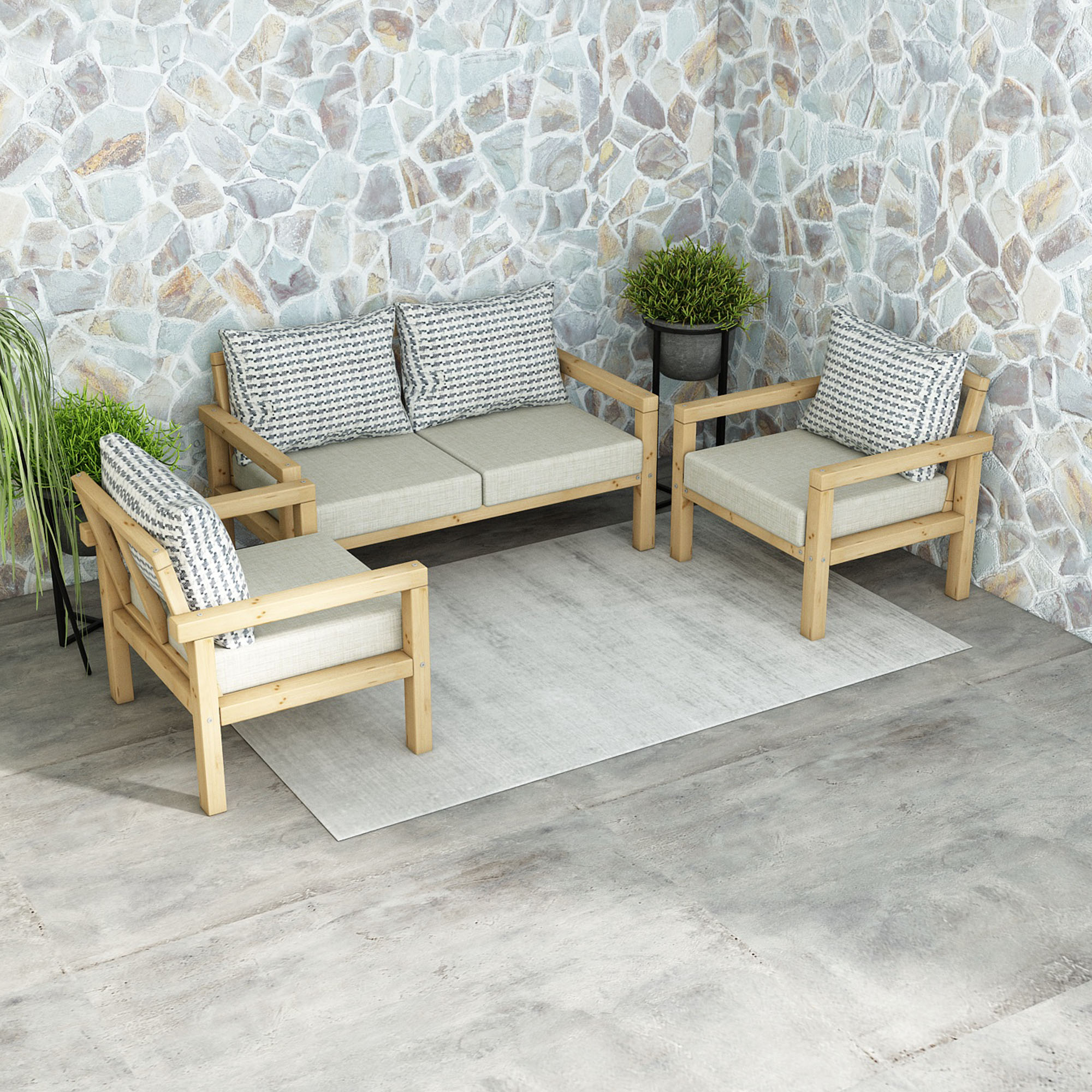 Ahşap Bahçe Balkon Takımı 2+1+1 Natural Bej Renk