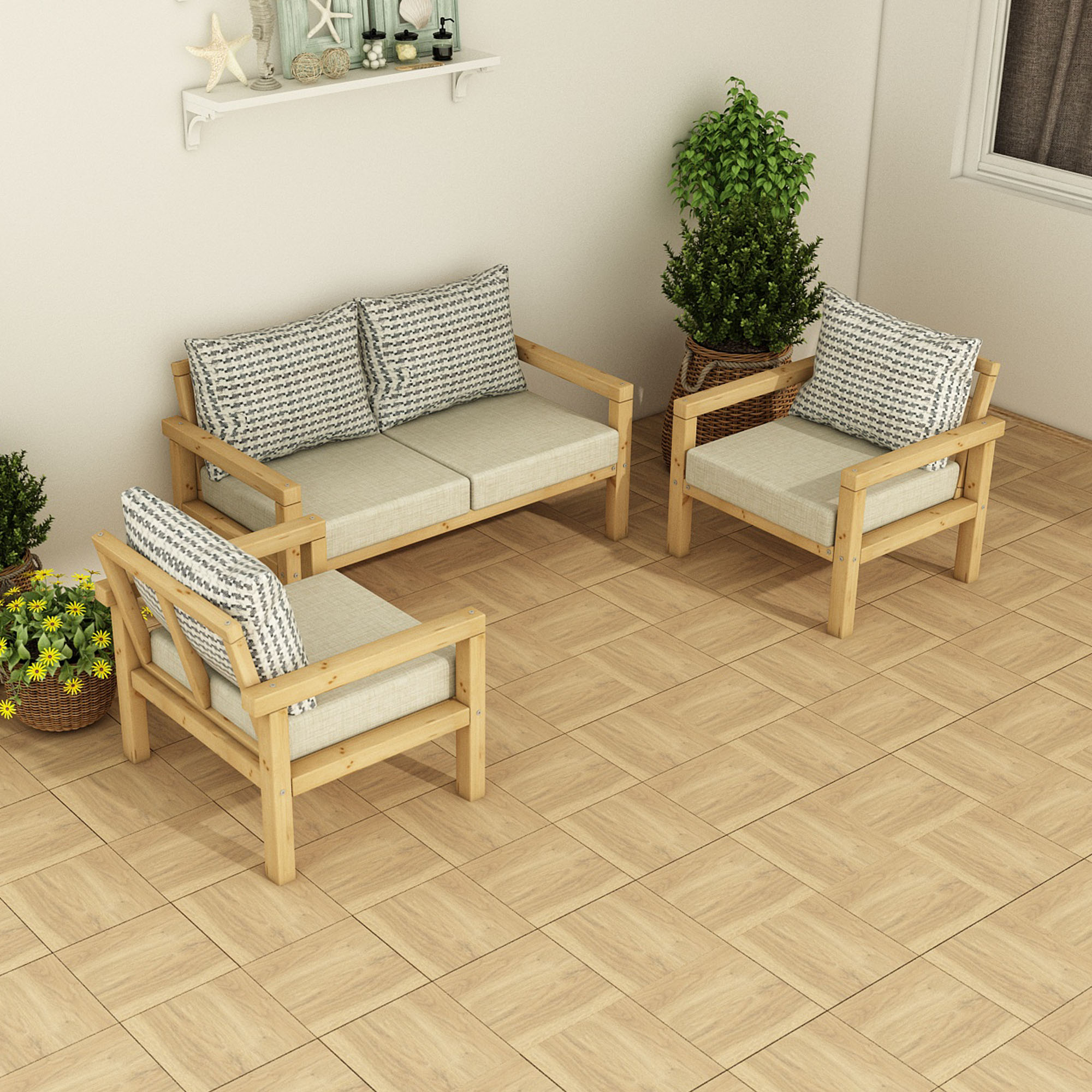 Ahşap Bahçe Balkon Takımı 2+1+1 Natural Bej Renk - Görsel 2