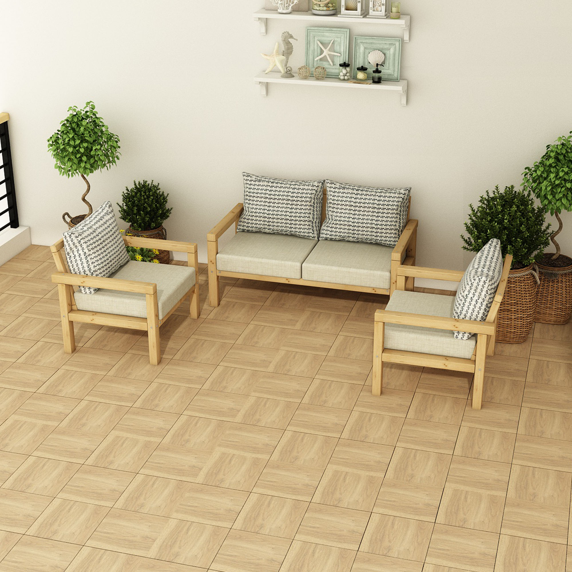 Ahşap Bahçe Balkon Takımı 2+1+1 Natural Bej Renk - Görsel 3