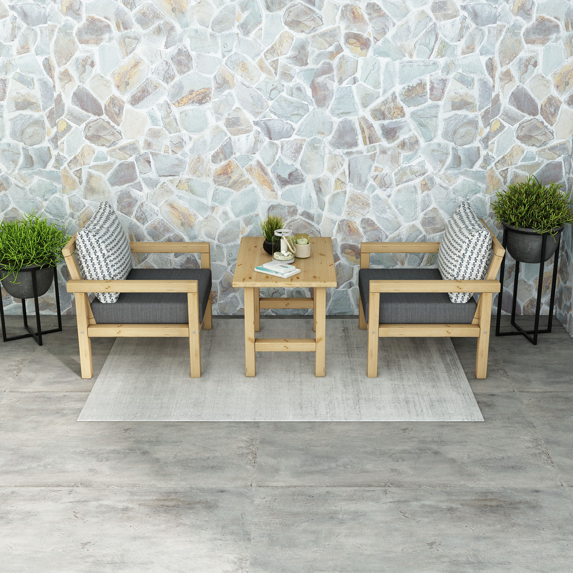 Ahşap Bahçe Balkon Takımı 1+1+Sehpa Natural Antrasit Renk