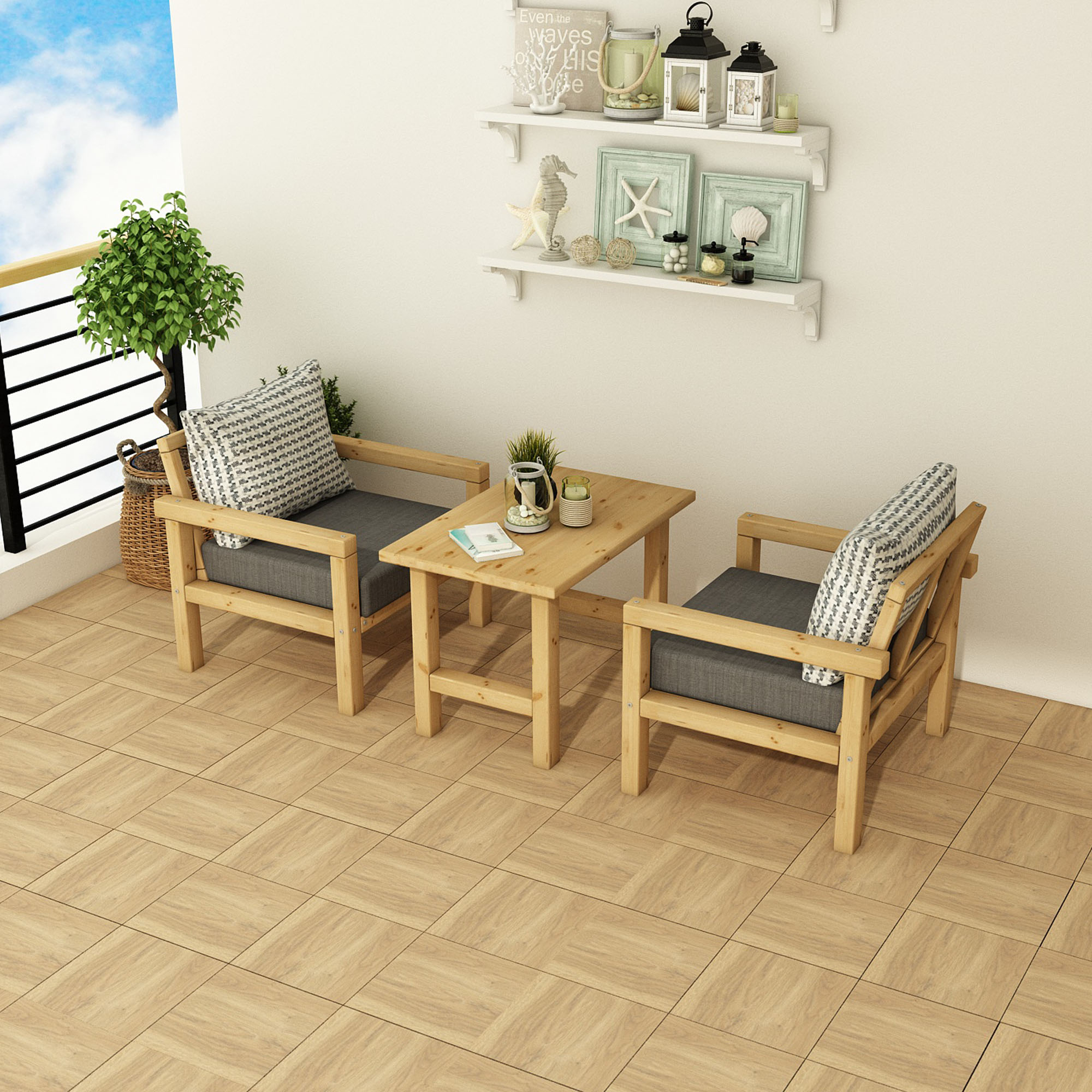 Ahşap Bahçe Balkon Takımı 1+1+Sehpa Natural Antrasit Renk - Görsel 2