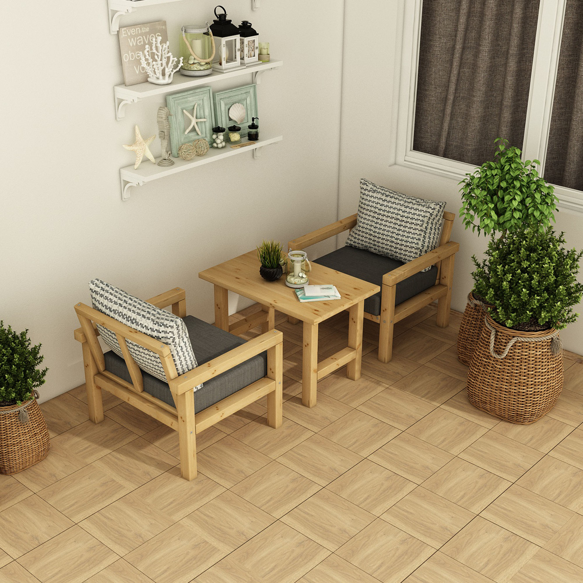 Ahşap Bahçe Balkon Takımı 1+1+Sehpa Natural Antrasit Renk - Görsel 3