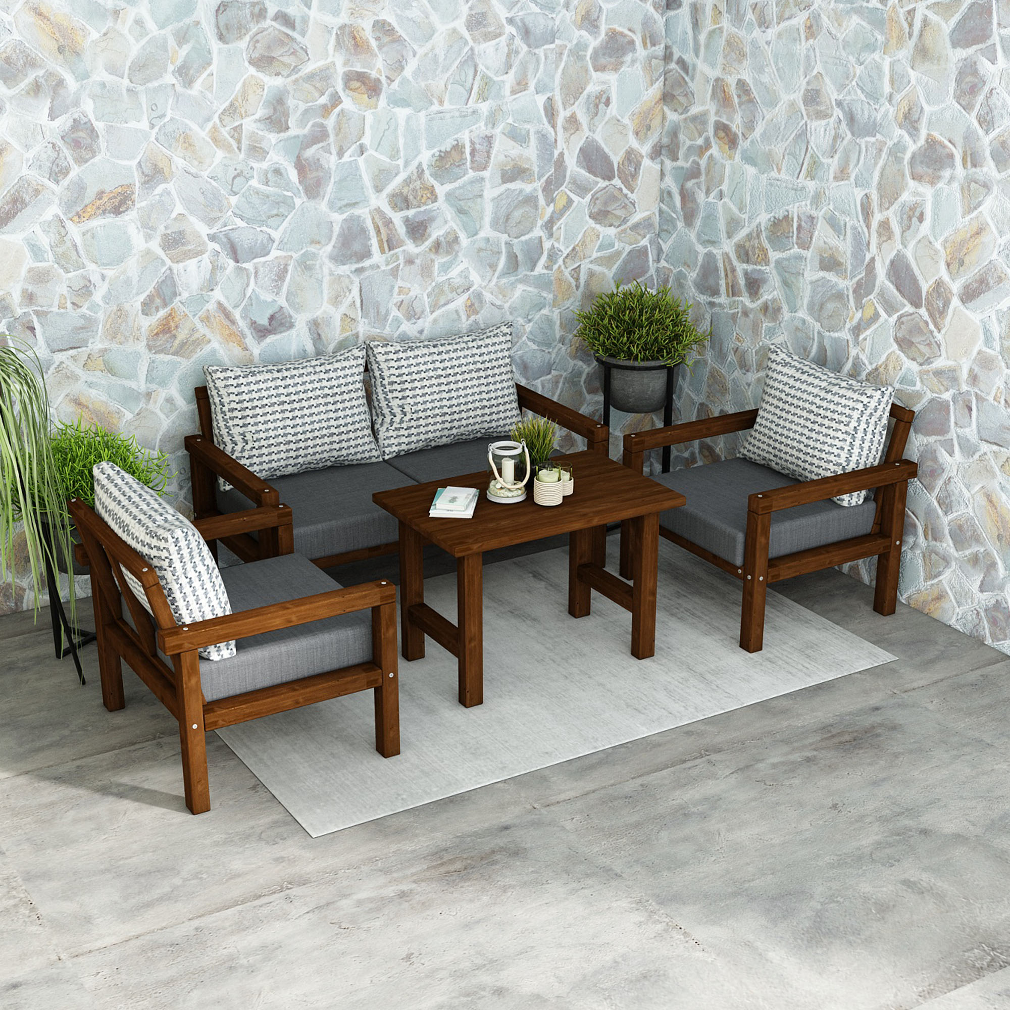 Ahşap Bahçe Balkon Takımı 2+1+1+Sehpa Ceviz Antrasit Renk