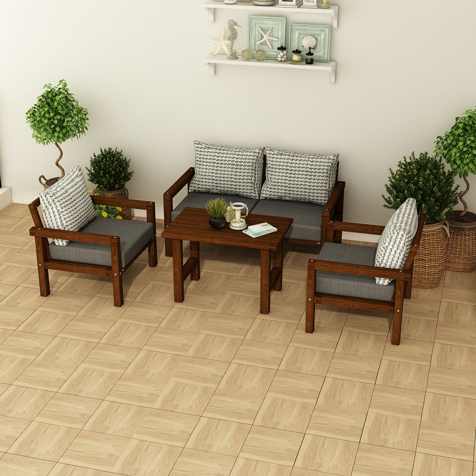 Ahşap Bahçe Balkon Takımı 2+1+1+Sehpa Ceviz Antrasit Renk - Görsel 3