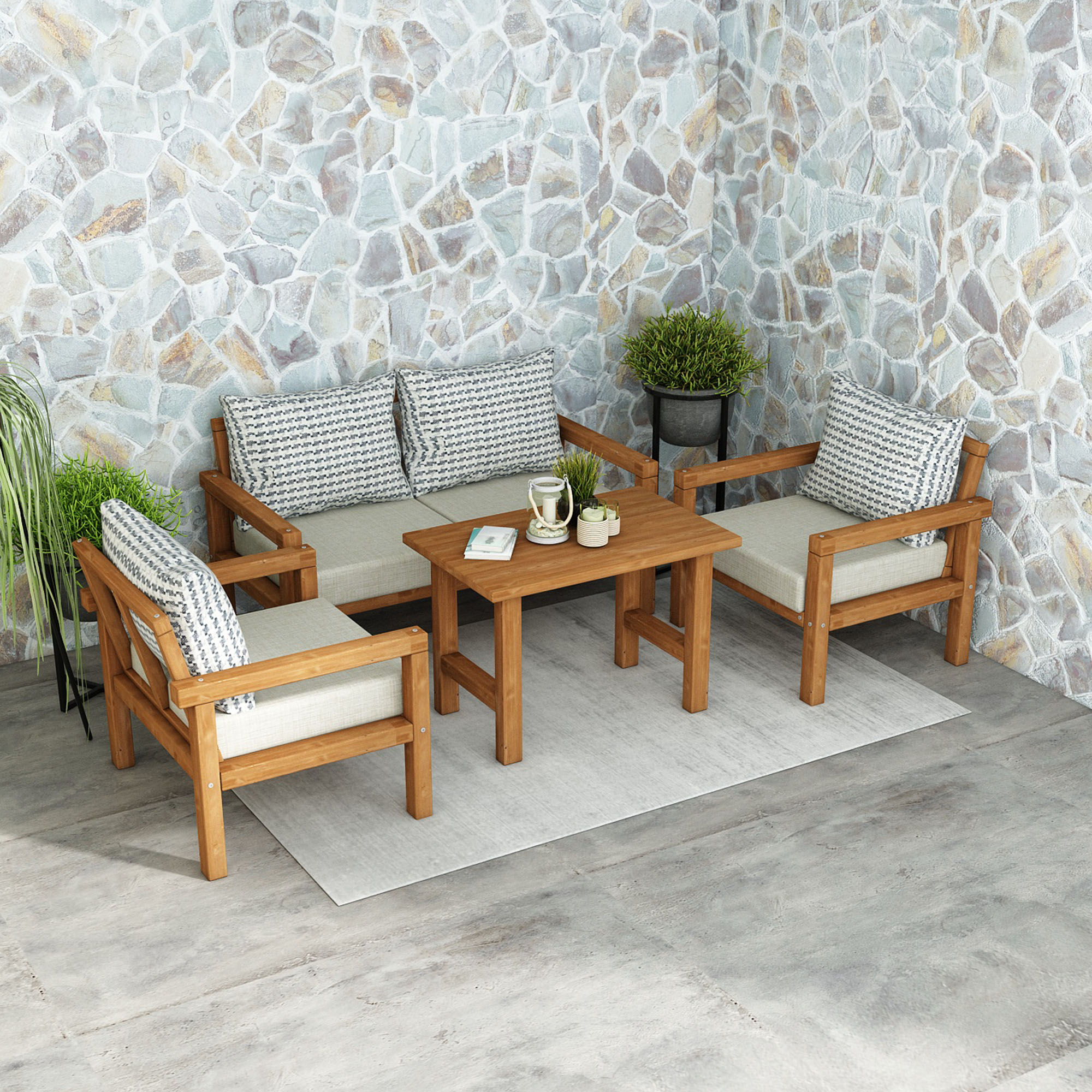 Ahşap Bahçe Balkon Takımı 2+1+1+Sehpa Teak Bej Renk