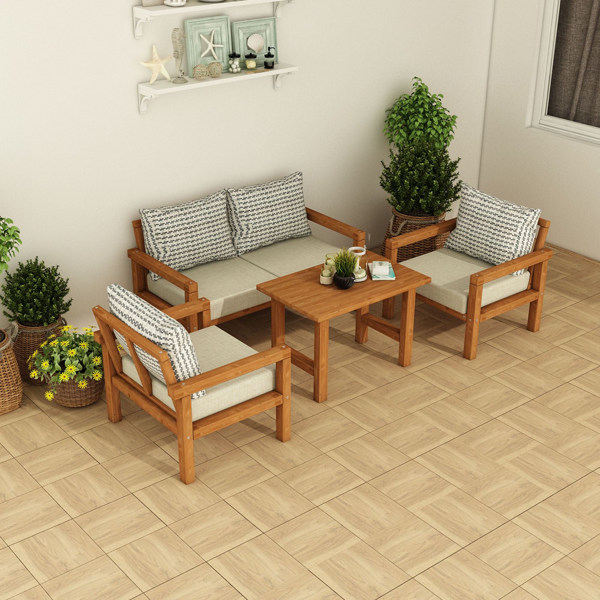 Ahşap Bahçe Balkon Takımı 2+1+1+Sehpa Teak Bej Renk - Görsel 2