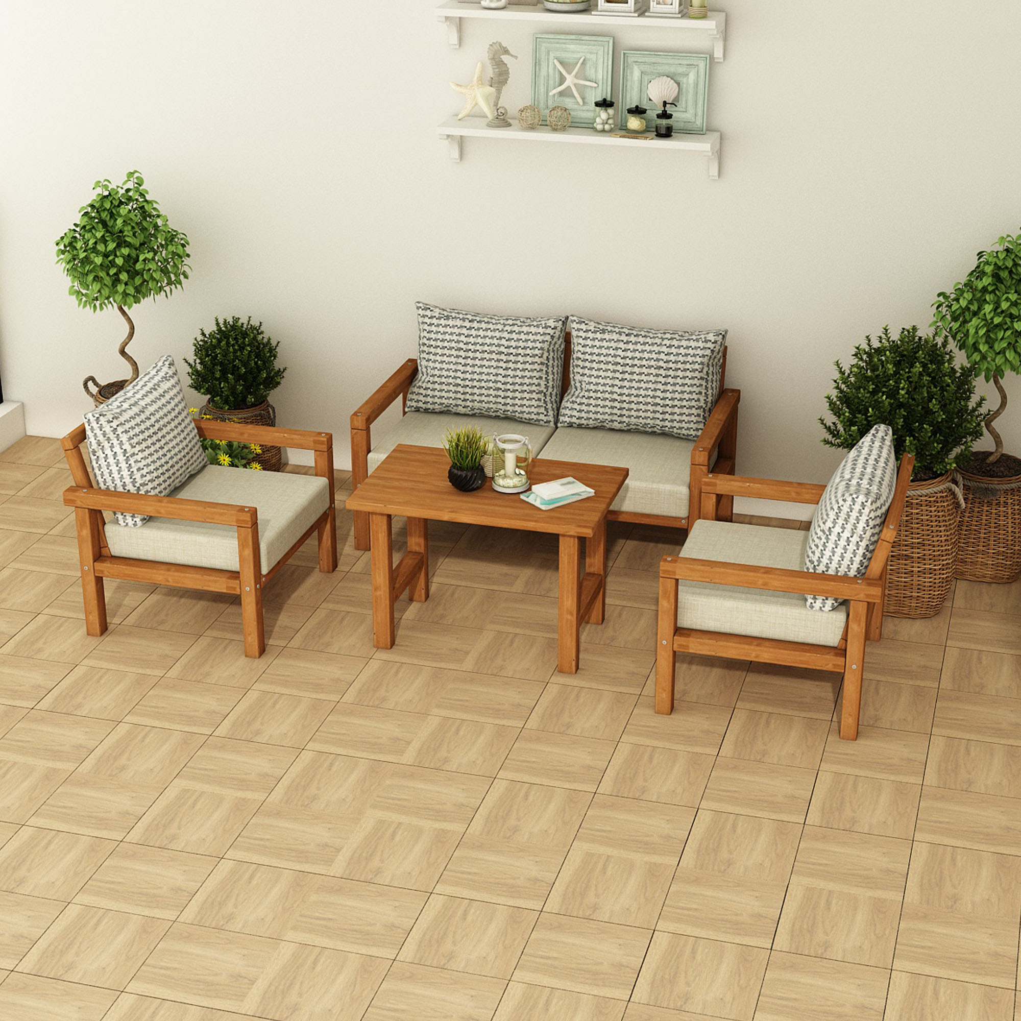 Ahşap Bahçe Balkon Takımı 2+1+1+Sehpa Teak Bej Renk - Görsel 3
