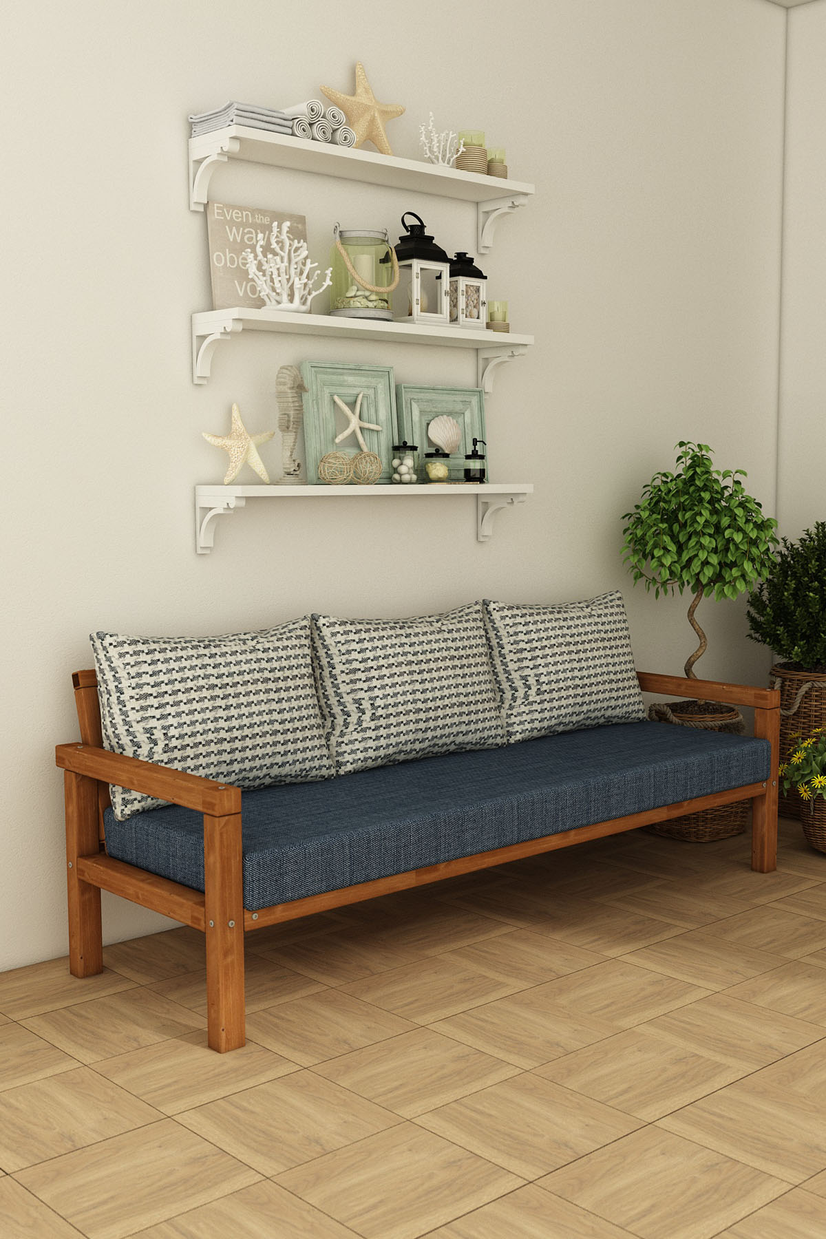 MODERN RAHAT VE ERGONOMİK BAHÇE BALKON VE TERAS İÇİN 3,LÜ TEAK RENK AHŞAP KANEPE